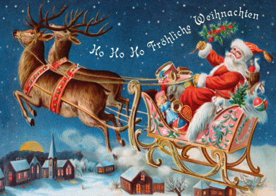 postkarte weihnachtsmann santa claus schlitten rentiere hirsch geschenke ho ho ho