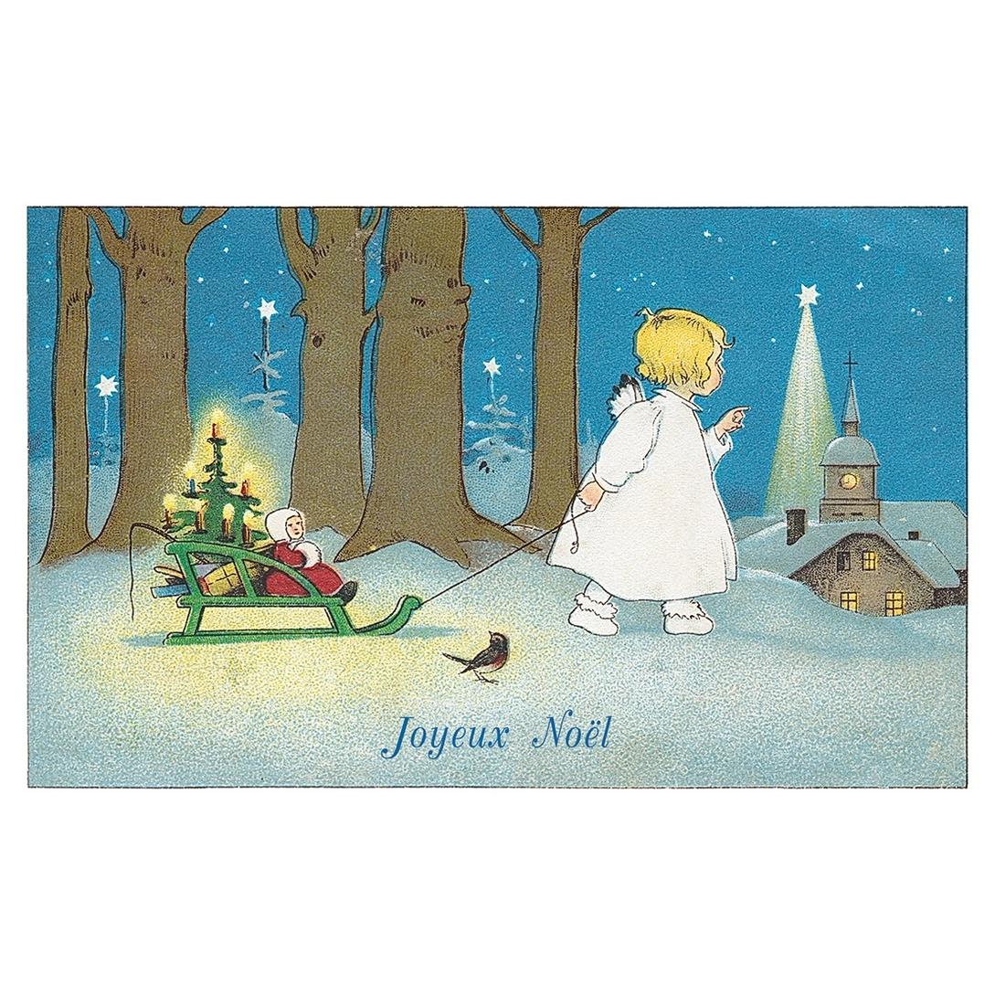 Christkind Graphics Postkarte Christkind mit Schlitten – der gute Heinrich