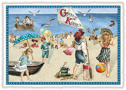 postkarte gruß von der küste meer strand kinder nostalgisch boot sonnenschirm