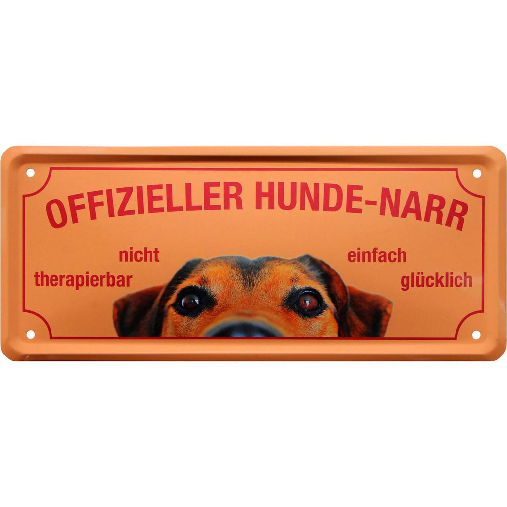 längliches Schild für Hundefans  ... nicht therapierbar - einfach glücklich  Metallschild 28 x 12 cm  gewölbtes Schild mit 4 Randlochungen